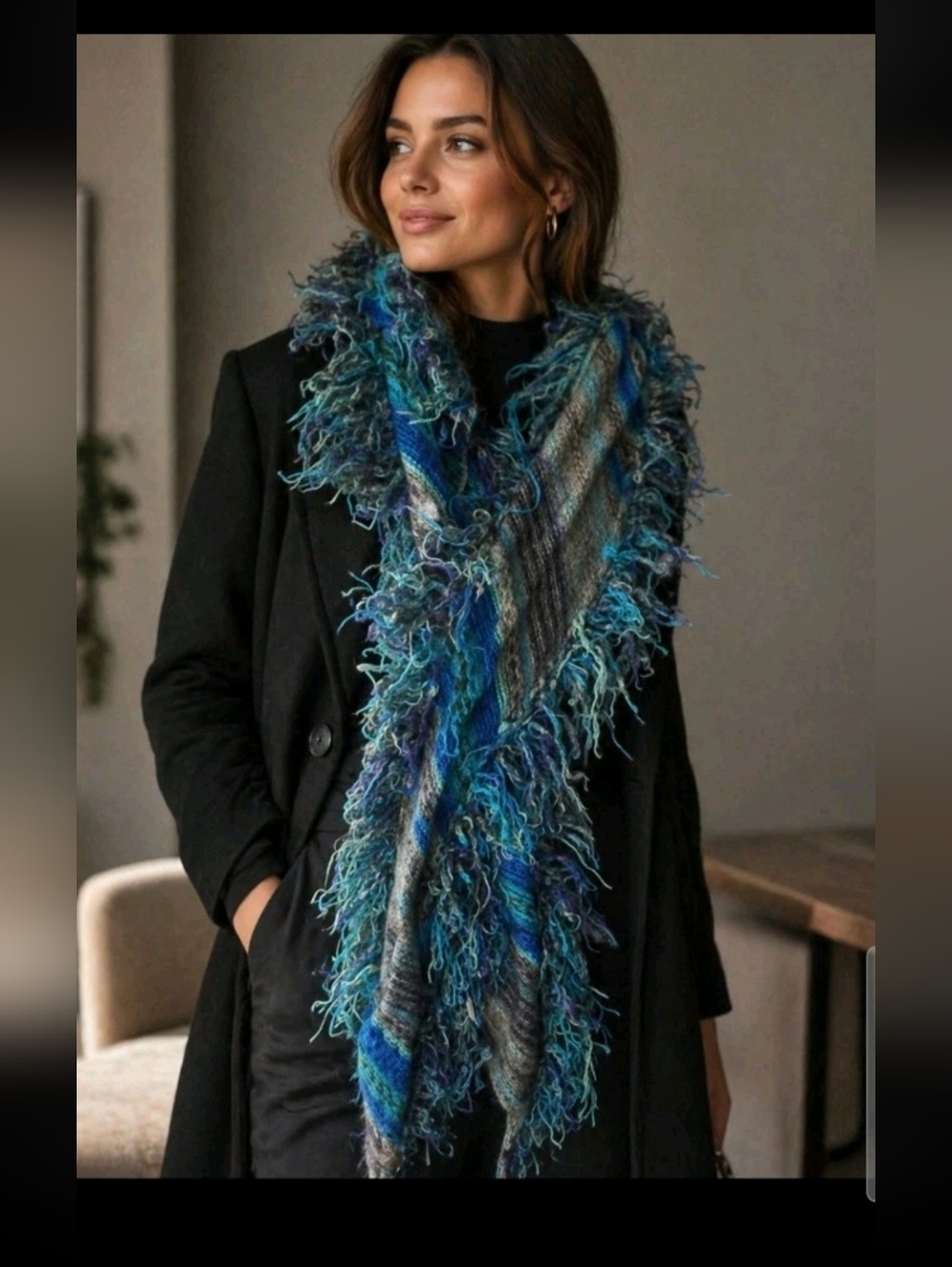 Free People Printed Scarf Boho Chic Wool Blend Fringe Statement Scarf